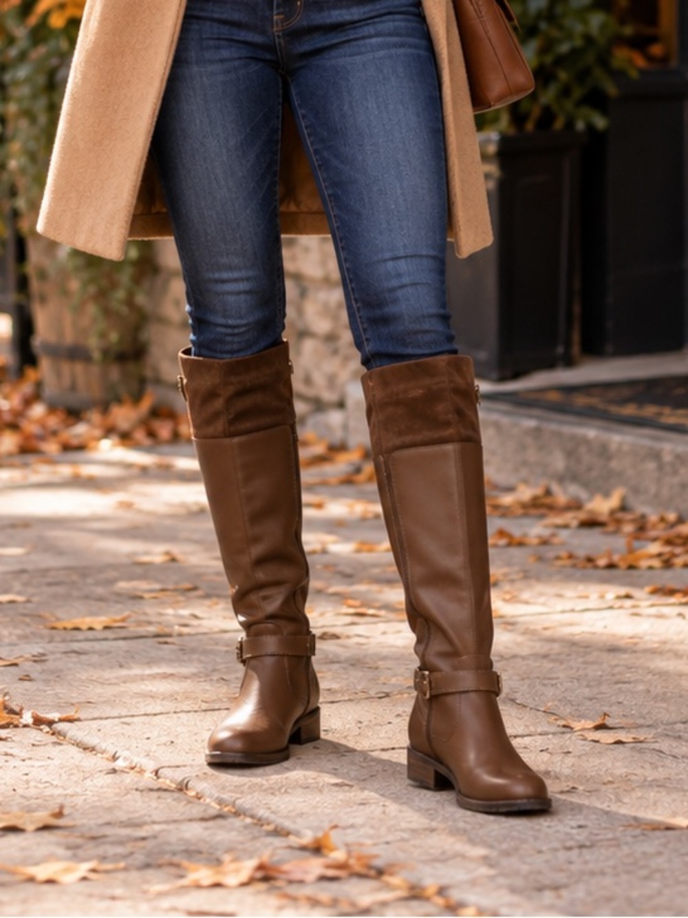 ShoeDazzle Brown Knee High Riding Boots Faux Leather Harness Women’s 6